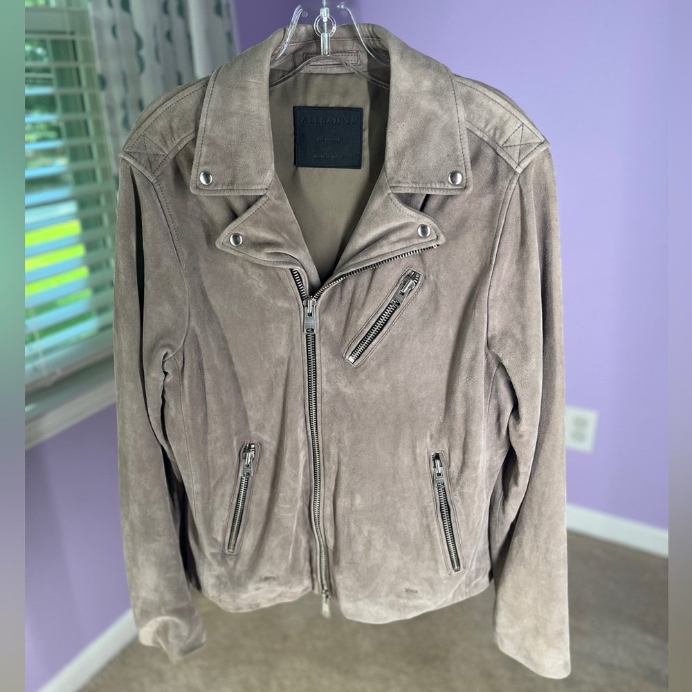 All Saints Men’s Rigg Suede Biker Jacket in Taupe